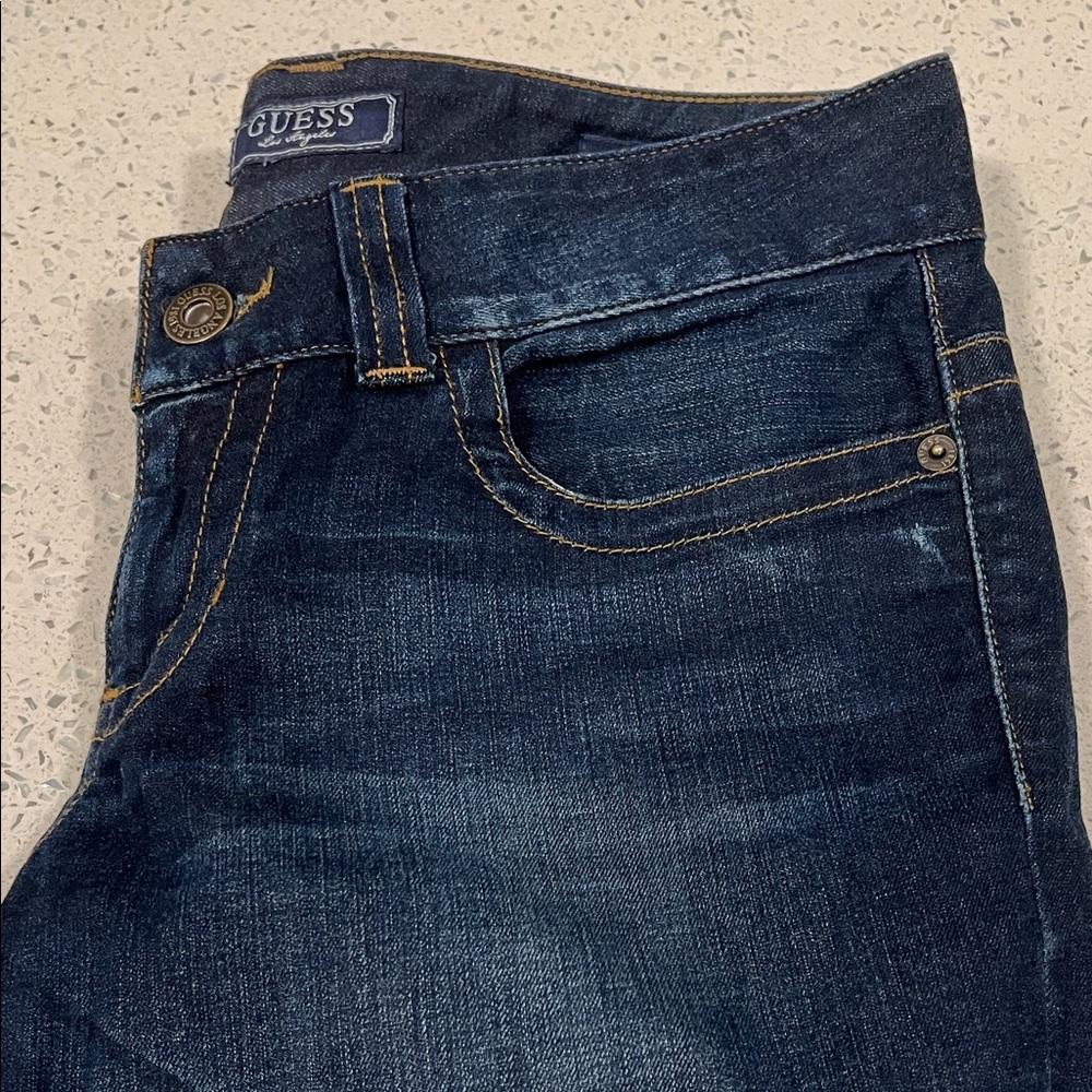 GUESS Low Rise Daredevil Boot Dark Blue Contrast Stitching Stretch Jeans Size 29 - Picture 3 of 16